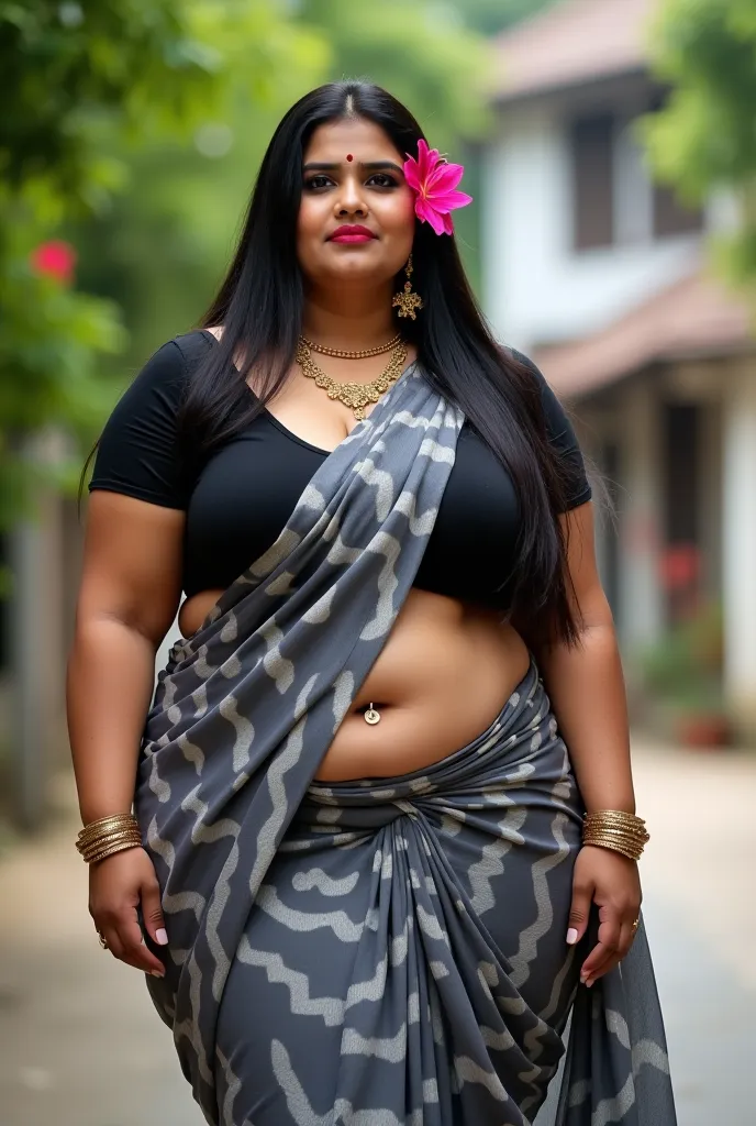 A thick voluptuous  and plus size mature  beautiful Indian woman. Her hair is silky and straight hair, medium, show forehead,. Black eye kajal making her eyes look bold and mean.she is wearing a revealing grey and black saree with bold white zigzag or wavy...