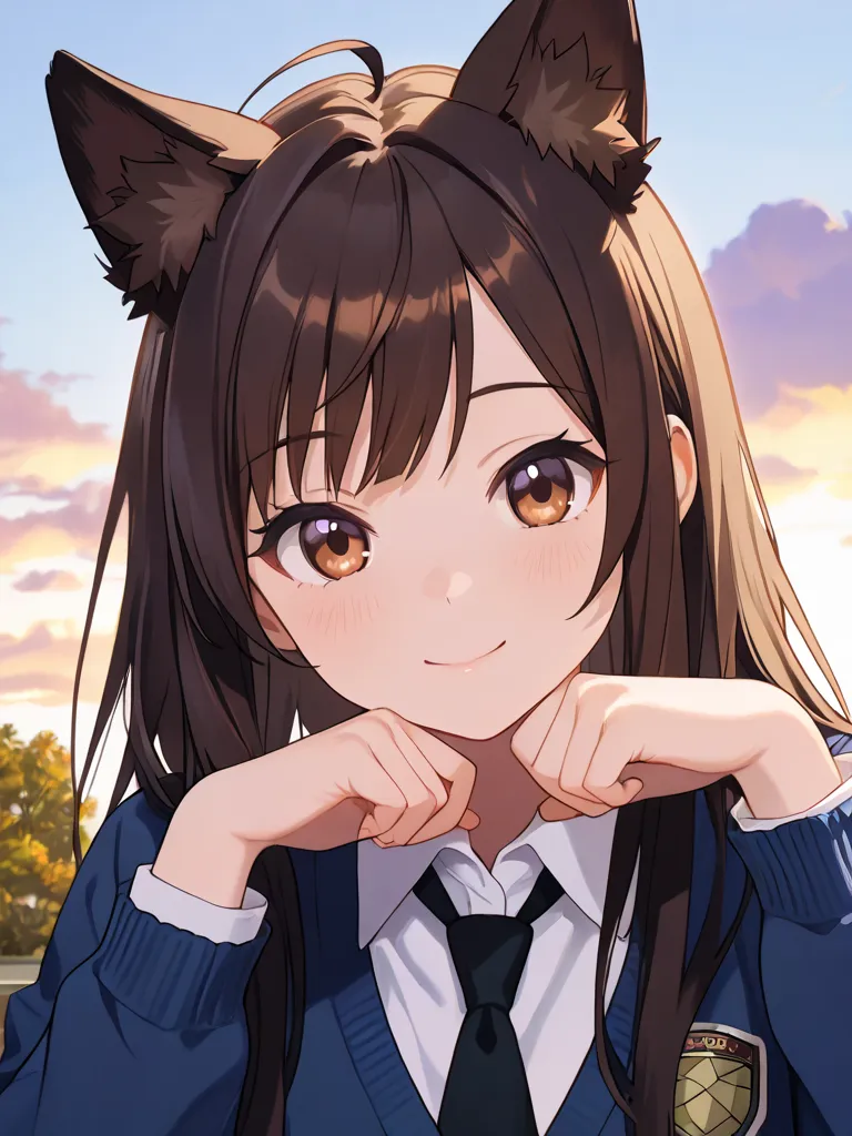 1 young girl, solo, looking at viewer, white skin girl:1.6, dark brown long fluffy hair:1.4, side swept parted hair bangs, ahoge, dark brown fox ears, highschool girl, very short girl, detailed face, neutral expression, smile, photorealistic, 8K, HDR, stud...