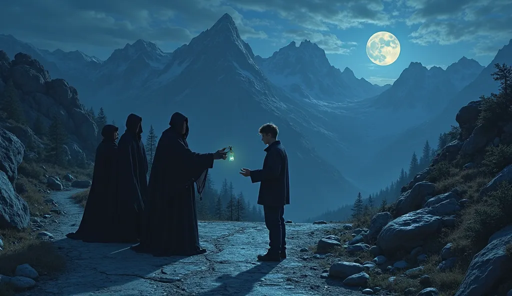 On a rocky road between the mountains, three people wearing mysterious clothes stand and offer a bag of money to a young man who does not show their faces at a lunar dawn