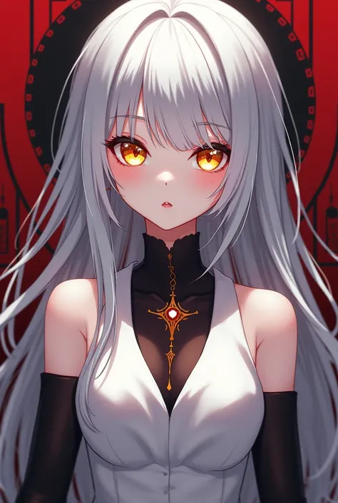 An anime ,  silver hair,  your eyes are golden, your skin is pale, chic white dress, black and red.
