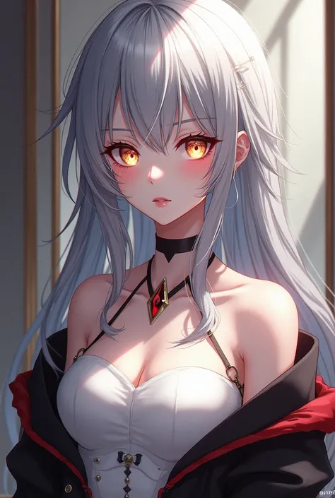 An anime ,  silver hair,  your eyes are golden, your skin is pale, chic white dress, black and red.
