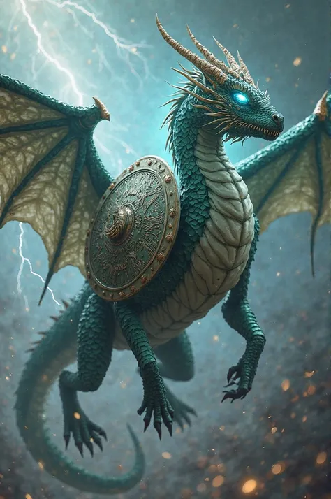 A slender and imposing dragon, covered in greenish metallic scales with silvery reflections. Its aerodynamic body is enveloped by sharp gusts of wind, highlighting its speed and agility. Its single eye shines brightly with a mystical blue light, exuding an...