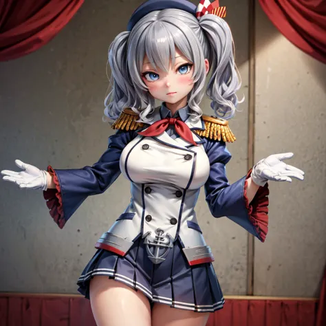 twin tails, wavy hair, blue eyes, tsurime, large breasts, KashimaOG, kashima \(kancolle\), beret, epaulettes, red neckerchief, frilled sleeves, long sleeves, military uniform, (white gloves) miniskirt, pleated skirt, anchor,
