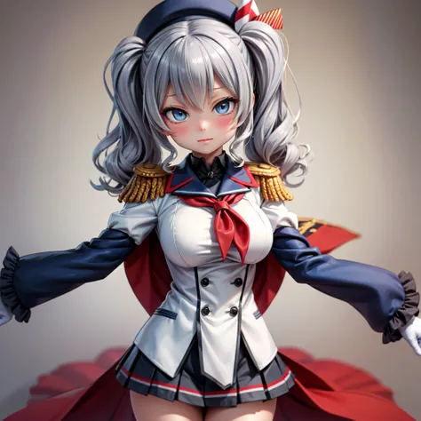 twin tails, wavy hair, blue eyes, tsurime, large breasts, KashimaOG, kashima \(kancolle\), beret, epaulettes, red neckerchief, frilled sleeves, long sleeves, military uniform, (white gloves) miniskirt, pleated skirt, anchor,
