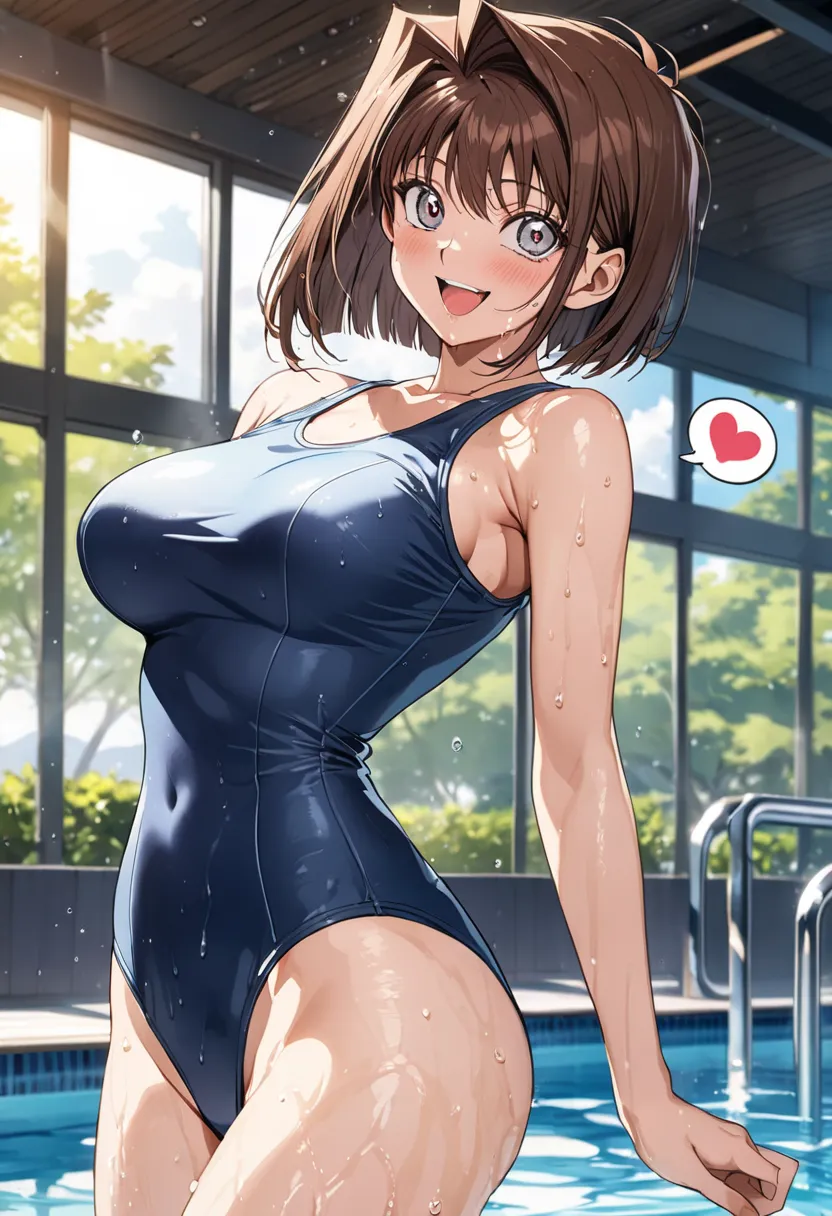 ,masterpiece, Best Quality, High resolution,16k,official art,super detailed skin,detailed,animated painting, (Mazaki Anzu),1990s \(style\),(School Swimsuit:1.2)、(E-cup beautiful breasts)、clevage, (tall:1.2),height: 170cm,Fashion model body type、Sweating al...