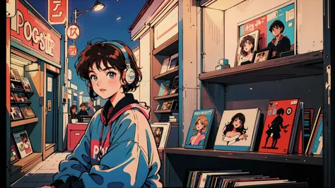 1980s, alone, retro, Citypop Album cover, 1 woman, 21 years old, beautiful woman, Bob hair, black eyes, Wearing headphone, at record shop, listening to music, brown hair, record shop, night, 1980s Tokyo, 1980s fashion