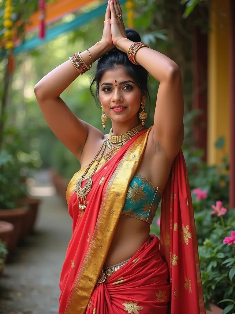 The image is a portrait of a Indian woman. Clear and bright picture. Posing in a seductive manner. figure is so matured and curvy. Erotic figure, round shape figure, sensual figure, matured figure. She is wearing colourful strapless saree with gold border ...