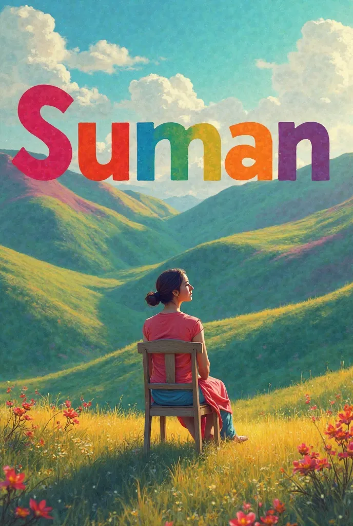 Create a real picture scene and a alone lady  "Suman" sit on the chair name in large rainbow colors  background. The background should be hills  make sure name is not misspelled