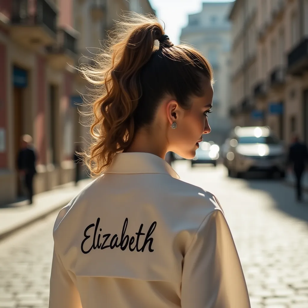 On a bright day, A woman's body buried 
With her hair in a high and wavy ponytail she moves forward with a decisive step, your figure is elegantly shaped. Wear a signature shirt that proudly bears the name "Elizabeth", a detail that highlights your unique ...