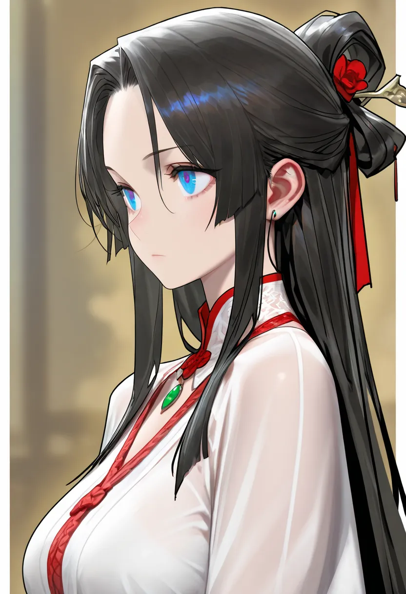 Beautiful oriental girl, very large eyes that are slightly upturned, round face, slightly pointed chin, expressionless, half-up hair, gorgeous ancient attire