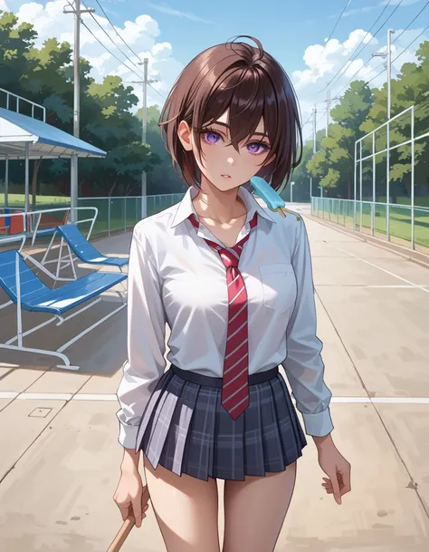 ((Tomboy)),((High school girl)),((Dark brown hair, very short hair)),Beautifully detailed hair, Beautifully detailed face, Beautifully detailed eyes, Beautiful collarbone, Beautiful body, Beautiful legs, Beautiful fingers, Looking at viewer, Uniform, Purpl...