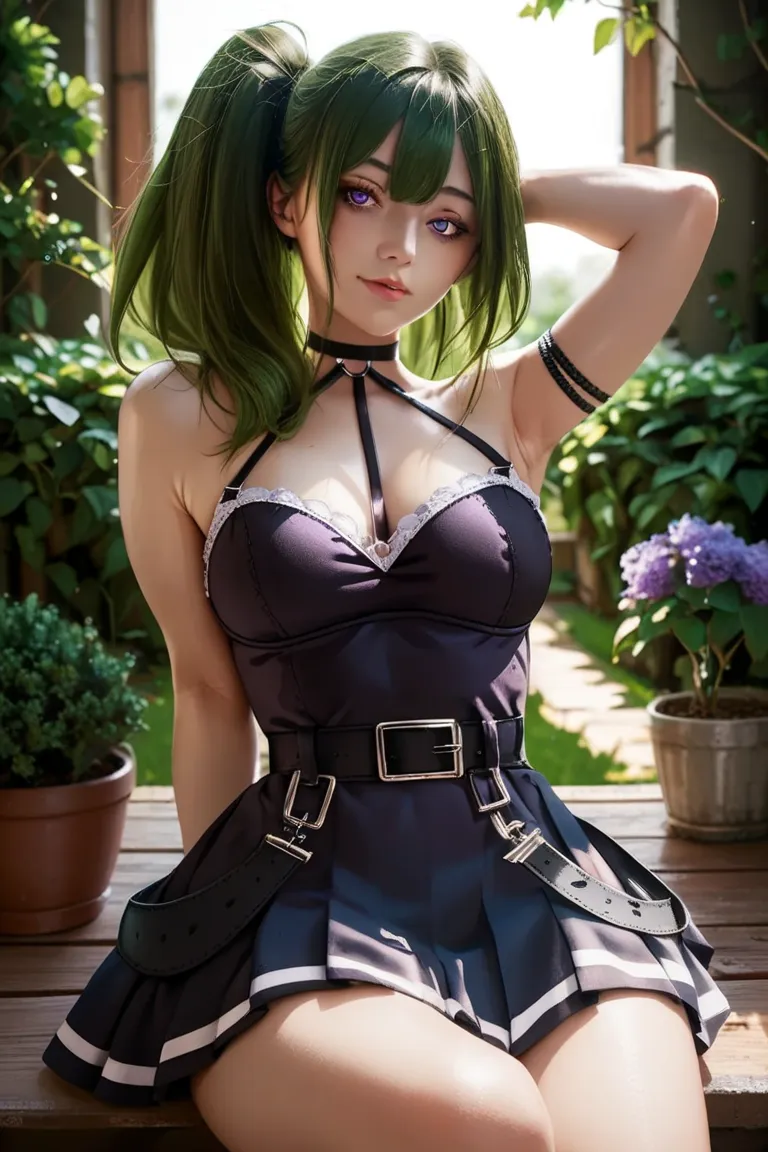  boobs 、garden、  A beautiful girl 、green hair、purple eyes、 mini blouse and short skirt 、tour、armpit、 smiles、  viewer perspective. sitting