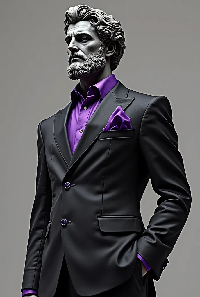 GREEK STATUE DRESSED IN A BLACK SUIT WITH PURPLE DETAILS CLOSE UP