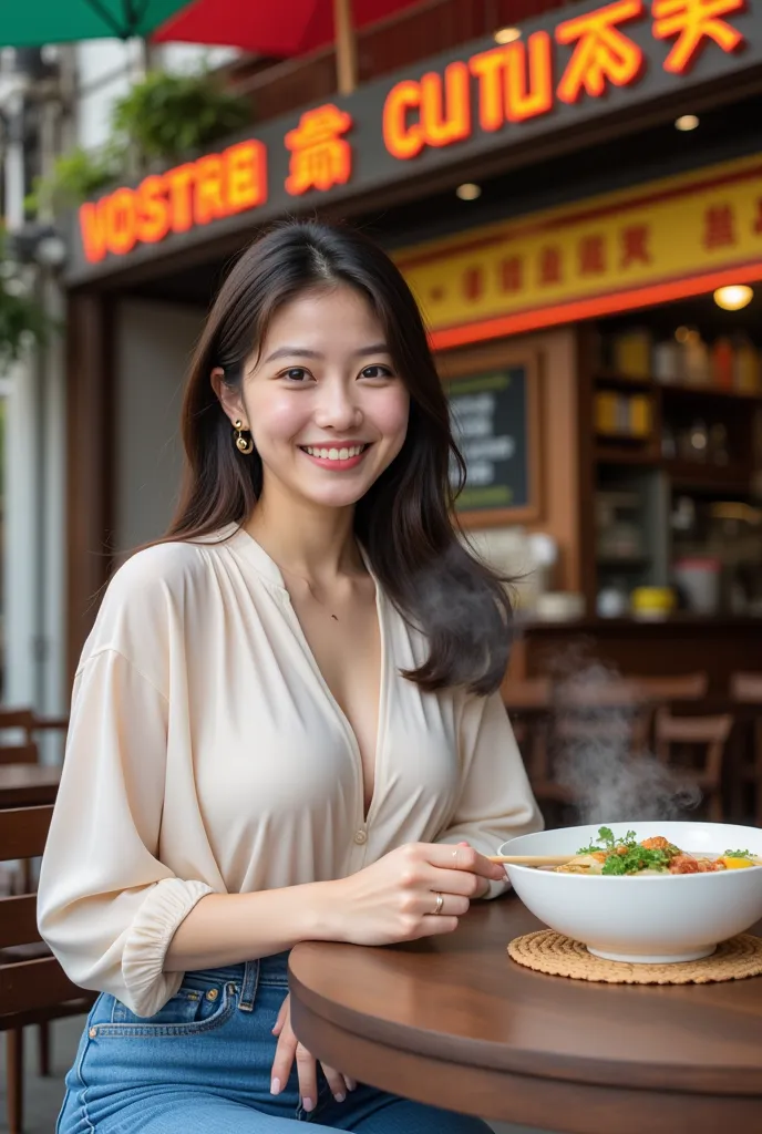 She sits at a wooden table outside ร้านข้าวซอยกลอยใจ, a popular spot for Northern Thai cuisine. The table is set with a bowl of steaming khao soi, and the shop’s vibrant signage and colorful umbrellas hang above.

Composition: The 85mm f/1.4 GM lens captur...