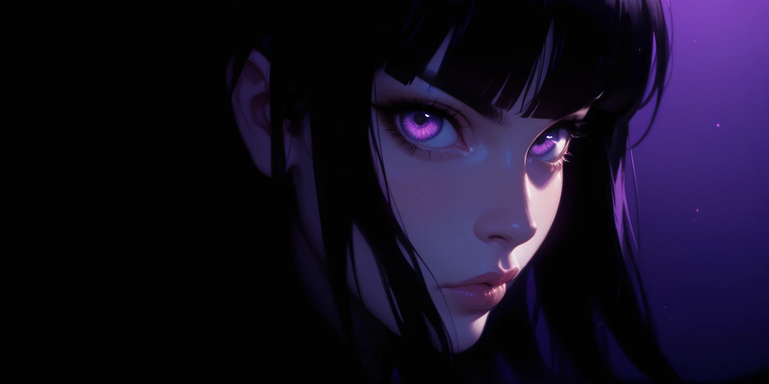 A digital illustration featuring a close-up portrait of a young woman with striking purple eyes and black hair, set against a dark background with a gradient of purple and black tones. the woman is positioned in the middle of the image, looking directly at...