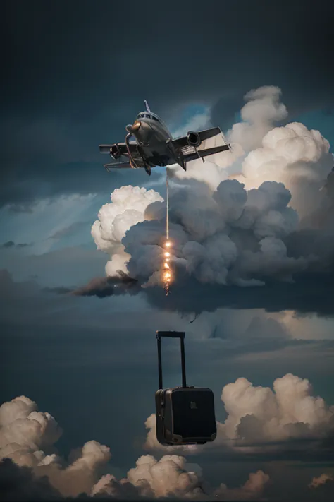 "A vintage World War II-era airplane flying through stormy skies. Inside, a metal suitcase with a bomb inside, but the timer has mysteriously stopped. The pilot remains unaware of the failed assassination attempt."