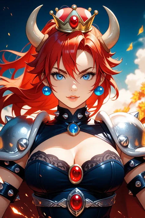 Feminized Bowser、anime style、Long Red Hair、fantasy background、Powerful pose、clear facial features、High level of detail