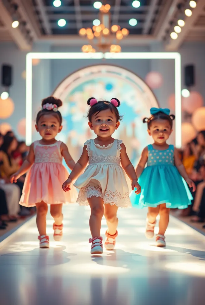 create a realistic image of 3 cute small baby with different fashion dresses like they are in fashion show