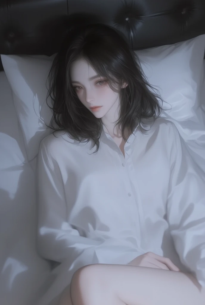 1 woman, beautiful light expression, shoulder-high bobble hair, black hair, soft hair, forehead, black eyes, double eyelid-less eyes, sitting in bed, large white shirt covering all hands and down to thighs, legs
