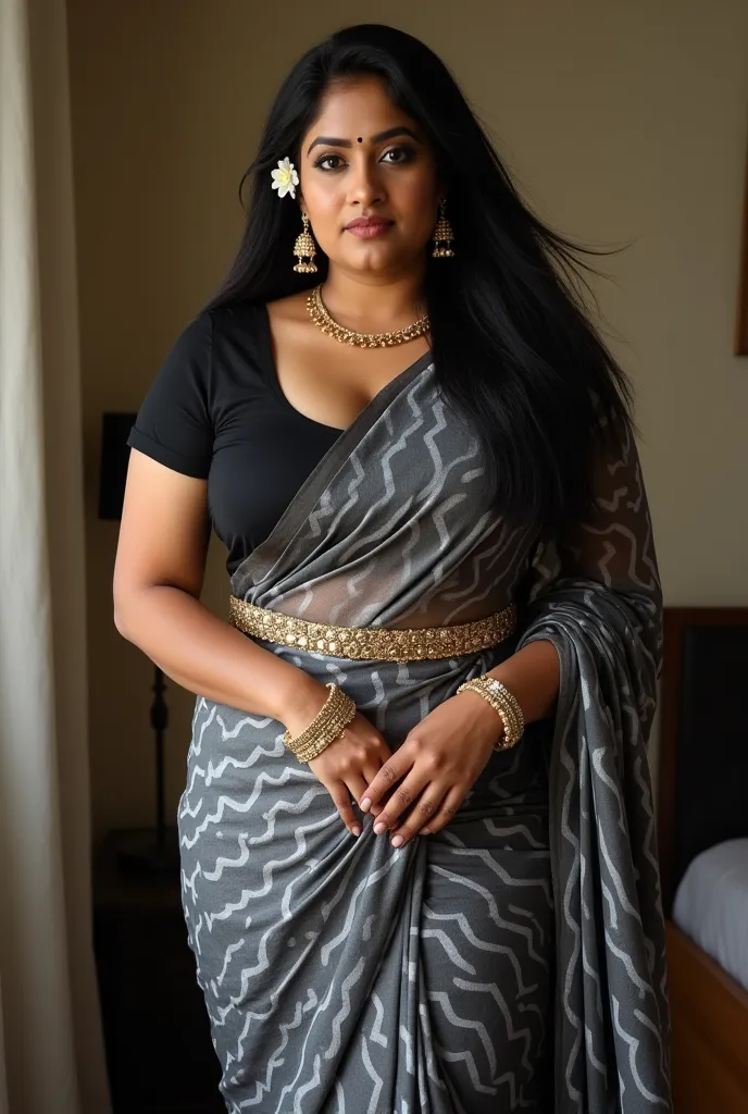 A thick voluptuous  and mature  beautiful Indian married woman. Her hair is silky and straight hair, medium, show forehead. Busty, huge boob.Black eye kajal making her eyes look bold and mean.she is wearing a revealing grey and black saree with bold white ...