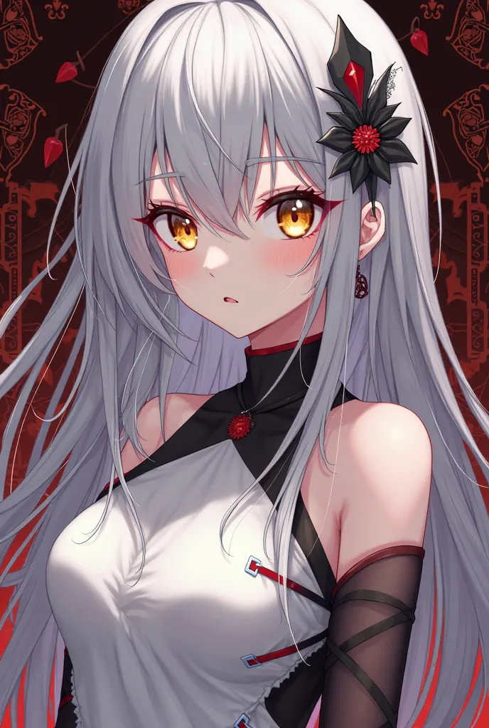 An anime ,  silver hair,  your eyes are golden, your skin is pale, chic white dress, black and red.
