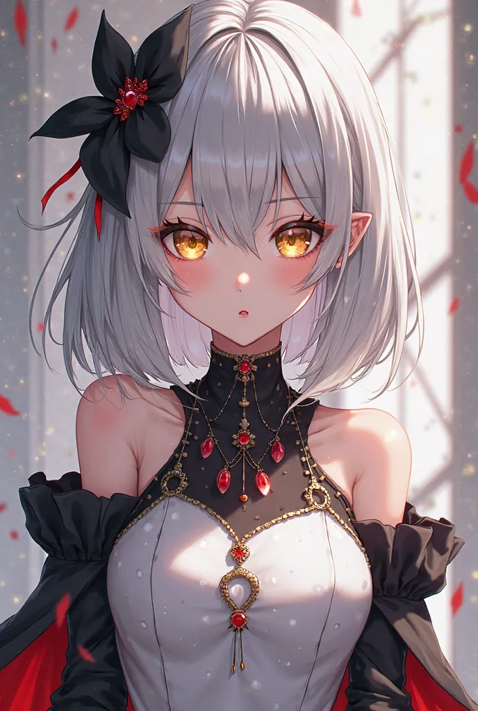 An anime ,  silver hair,  your eyes are golden, your skin is pale, chic white dress, black and red.
