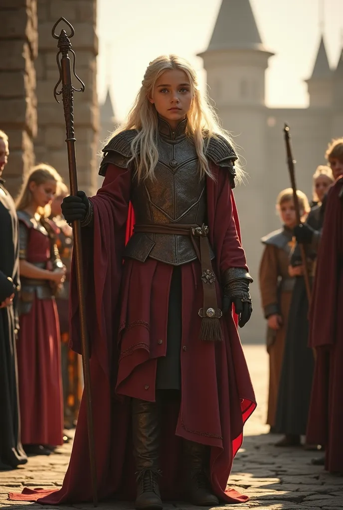 A five-year-old Targaryen girl. Silver hair with golden blonde highlights. One light blue eye and the other lilac eye.

She is set against the backdrop of the Red Fortress Castle