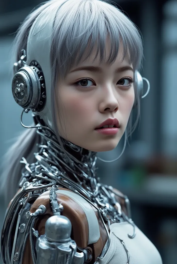 Android girl, Highest quality, masterpiece, ultra-high resolution, photo realistic, raw photo, 1 cyberpunk girl, cowboy shot, glossy skin, 1 mechanical girl, super realistic details, (mechanical limbs, tubes connected to mechanical parts, mechanical verteb...