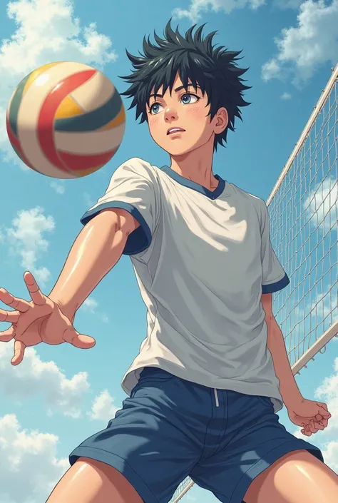 Take a picture of a black-haired boy,  gray eyes, height of 1,95, wearing a volleyball suit like the one in the haiku series and who is hitting a ball scoring a point in a training session that (The boy is 18 years old and is quite strong)