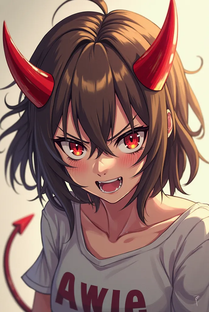  Make an anime girl, with red horns on the forehead and normal skin, With a fierce and youthful appearance, Make her more rude and angry,  Brown-haired 