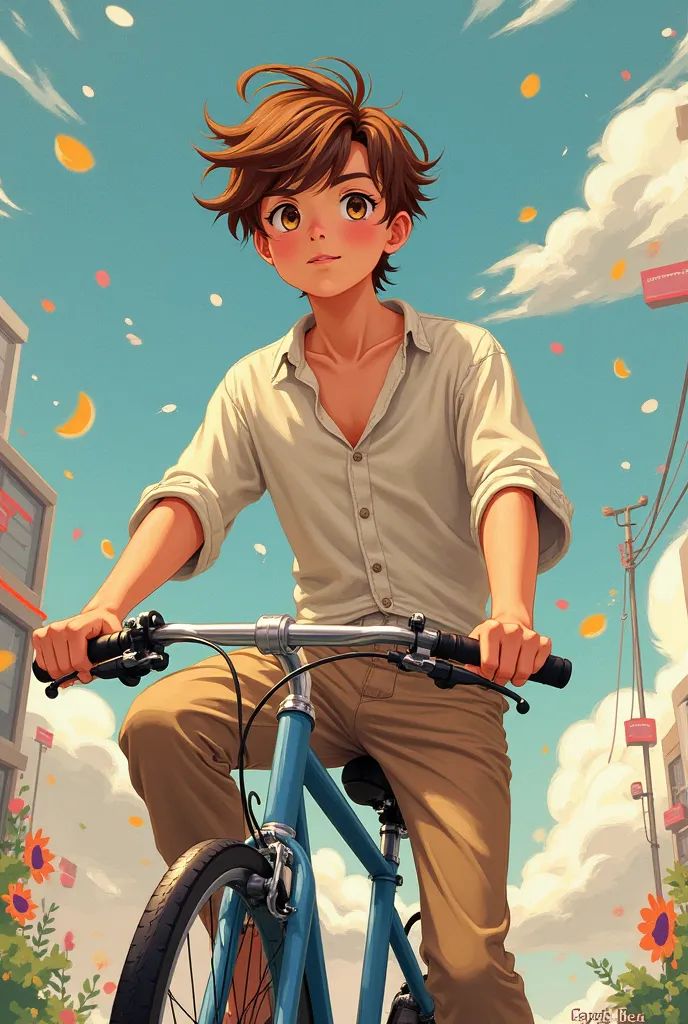  A Man,  with brown hair, loose clothes on top of a bike, anime version