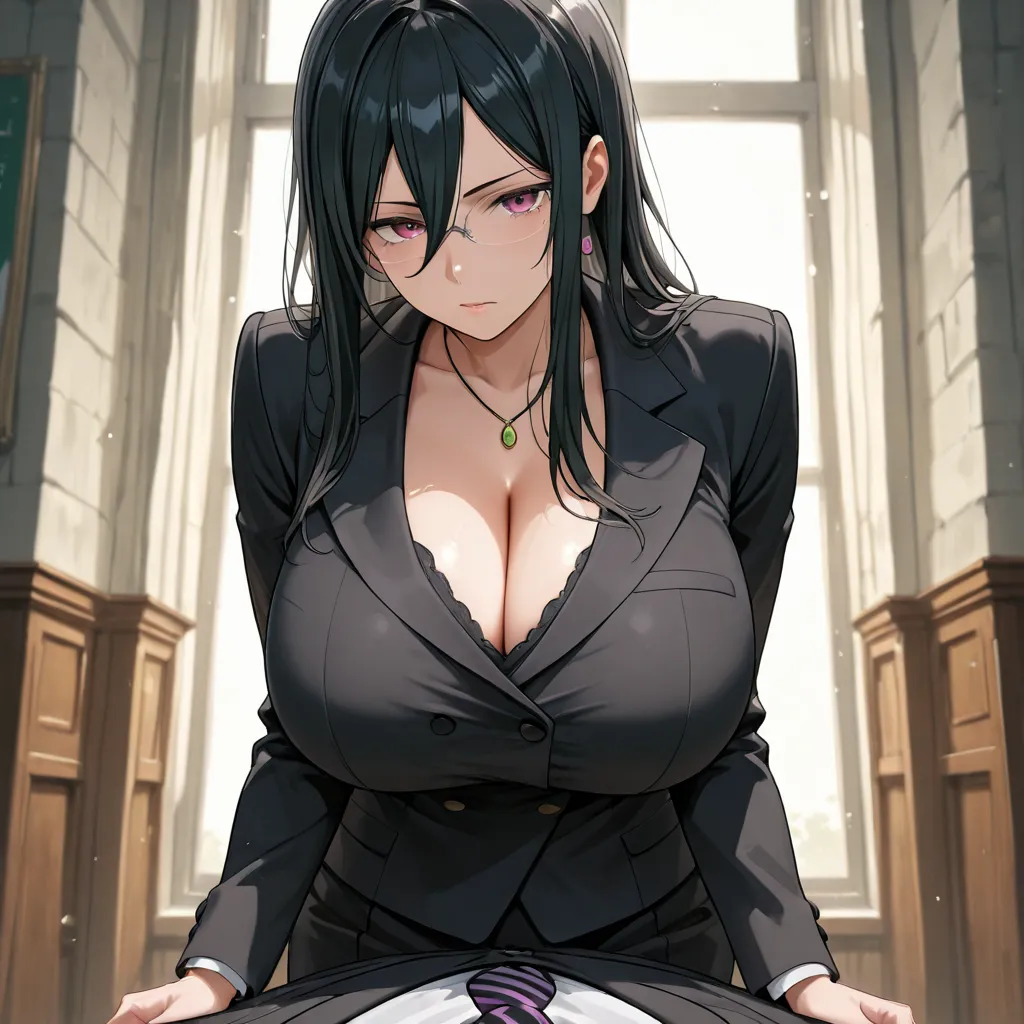 High School Principal, about 35 to 40 years old,  with giant breasts , flaquita, medium short and medium long black hair, formal black uniform with a NECKLINE that reveals a large part of her breasts