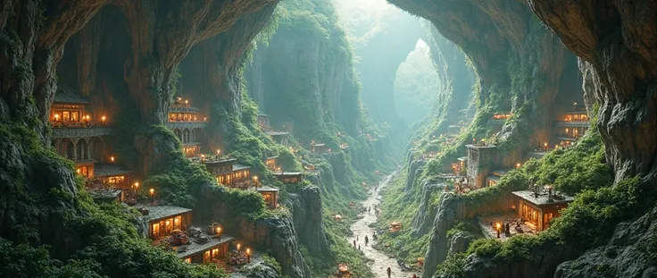 (photorealism:1.2), plaza view of a very expansive subterranean city with large arching pathways in several directions, lots of lively greenery and varied hardened rock full of vitality and strength, touches of magical detailing, this city is completely un...