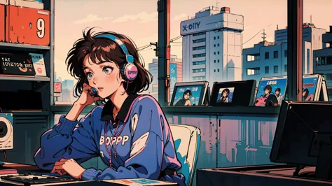 1980s, alone, retro, Citypop Album cover, 1 woman, 21 years old, beautiful woman, Bob hair, black eyes, Wearing large headphone, at record shop, listening to Citypop music, brown hair, record shop, night, 1980s Tokyo, 1980s 
blouse