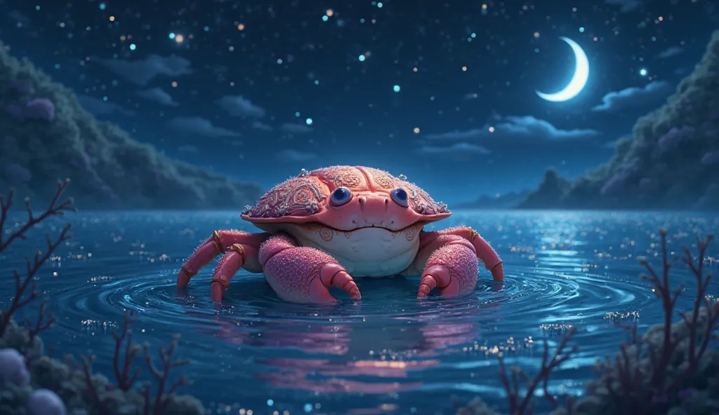 Crab sleeping in the anime-style night sea