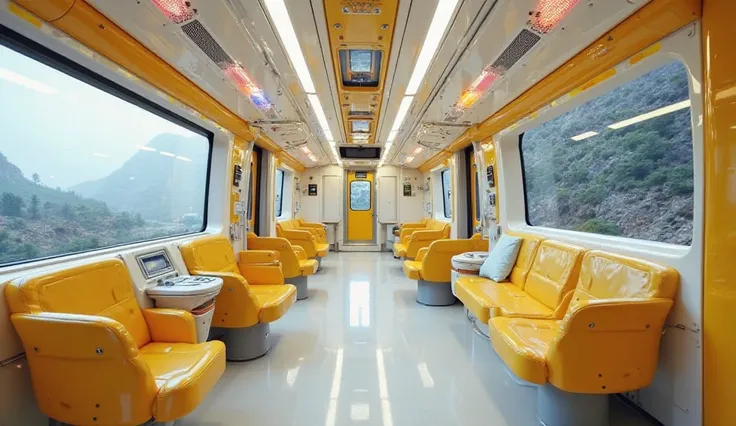 "A futuristic train interior with a sleek, modern design. The cabin features a yellow and white color scheme, spacious ergonomic seating, and ambient LED lighting. Large panoramic windows offer scenic views, while high-tech touchscreens provide entertainme...