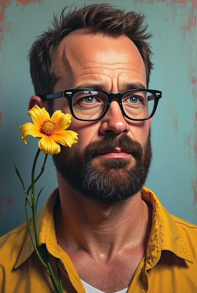 painting of a man with gafas and a beard and a flower, with gafas y perilla, Retrato de Tom Hanks, retrato de Hank Hill, con nerd gafas y perilla, Retrato de Danny Gonzalez, con nerd! gafas! y perilla, Jeff Goldblum hiperrealista, retrato de Walter White, ...