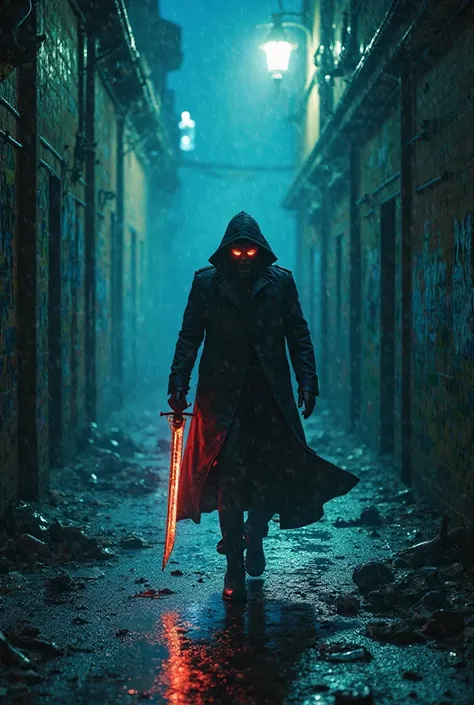 *" in a dark and rainy alley , Just because of the faint glow of a broken streetlight and the reflection of puddles on the pavement, a demon hunter in a long coat waving in the wind walks towards the illuminated camera. In one hand he holds an iconic sword...