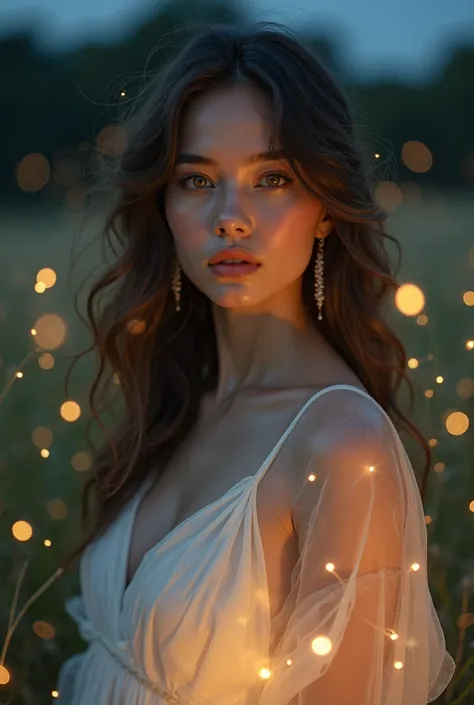 Ethereal beauty woman in a moonlit night scene, surrounded by fireflies. Her deep, expressive eyes are golden, emitting a soft, enchanting glow in the dim light, capturing mystery and allure. She has flawless, porcelain-like skin with a soft glow, highligh...