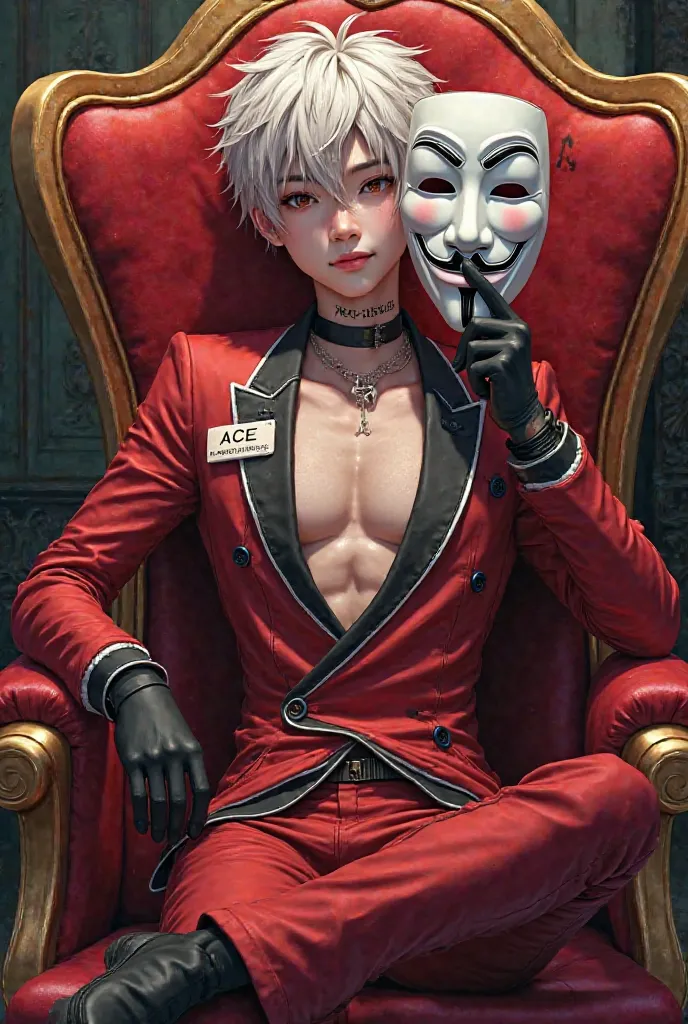 Cute handsome korean boy; white ash/red hair; sitting in red/gold chair; holding anonymous mask with word 'ACE' written on it; red/black/white suit with nametag 'ANONYMOUS'; toned muscle; large tattoo name 'ACE' on chest 