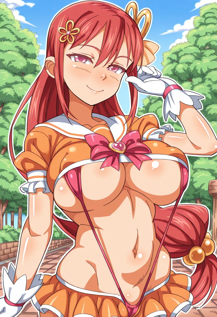 akushizu,  (magical girl:1.2), 1girl, solo, orange dress, large breasts, low-tied hair, red hair, hair between eyes, sailor collar, bowtie, jewelry, hair ornament, underboob, slingshot bikini, gloves, navel, frill, outdoors, looking at viewer, smile