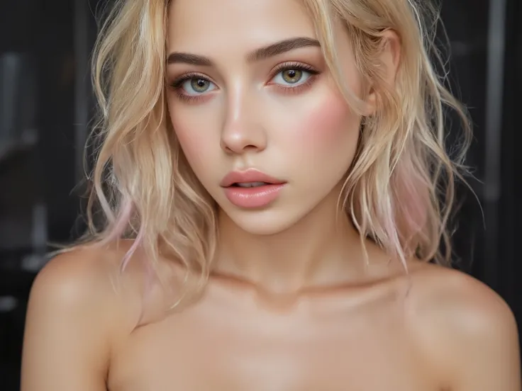 gritty candid raw portrait, close-up photo of a young 20 year old beautiful, big lips, full body,
high cheekbones, playful, Danish and Korean mixed race, busty, long curly blonde and neon
pink undercut hair, realistic skin texture, very tall and athletic...