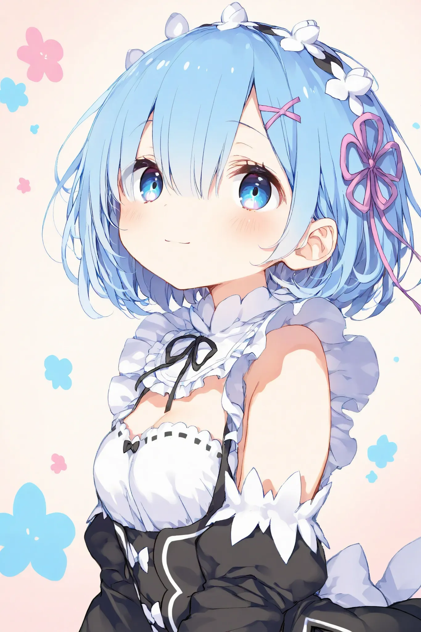 masterpiece, best quality, ultra-detailed,Komeshiro Kasu style,trk,1girl\(rem \(re:zero\),cyan eyes,light smile\),(dynamic pose:0.25) ,pastel background,masterpiece, best quality, 8k, highres, ultra-detailed,HDR, UHD, professional, vivid colors