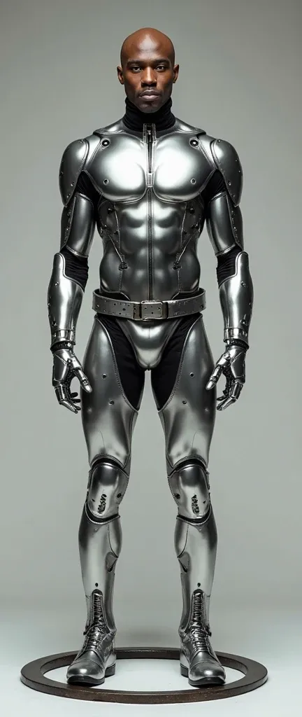 Full photorealistic shots of handsome hunky slender bald head African American cyborg.. wearing a silver metallic cybernetic bulging tight fit leather spandex costume... iron gloves and belt and boots. face front camera focus.. standing on iron circle 