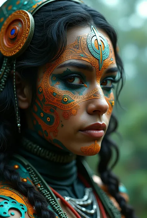 Brazilian indigenous face mixed with Cyber Punk elements