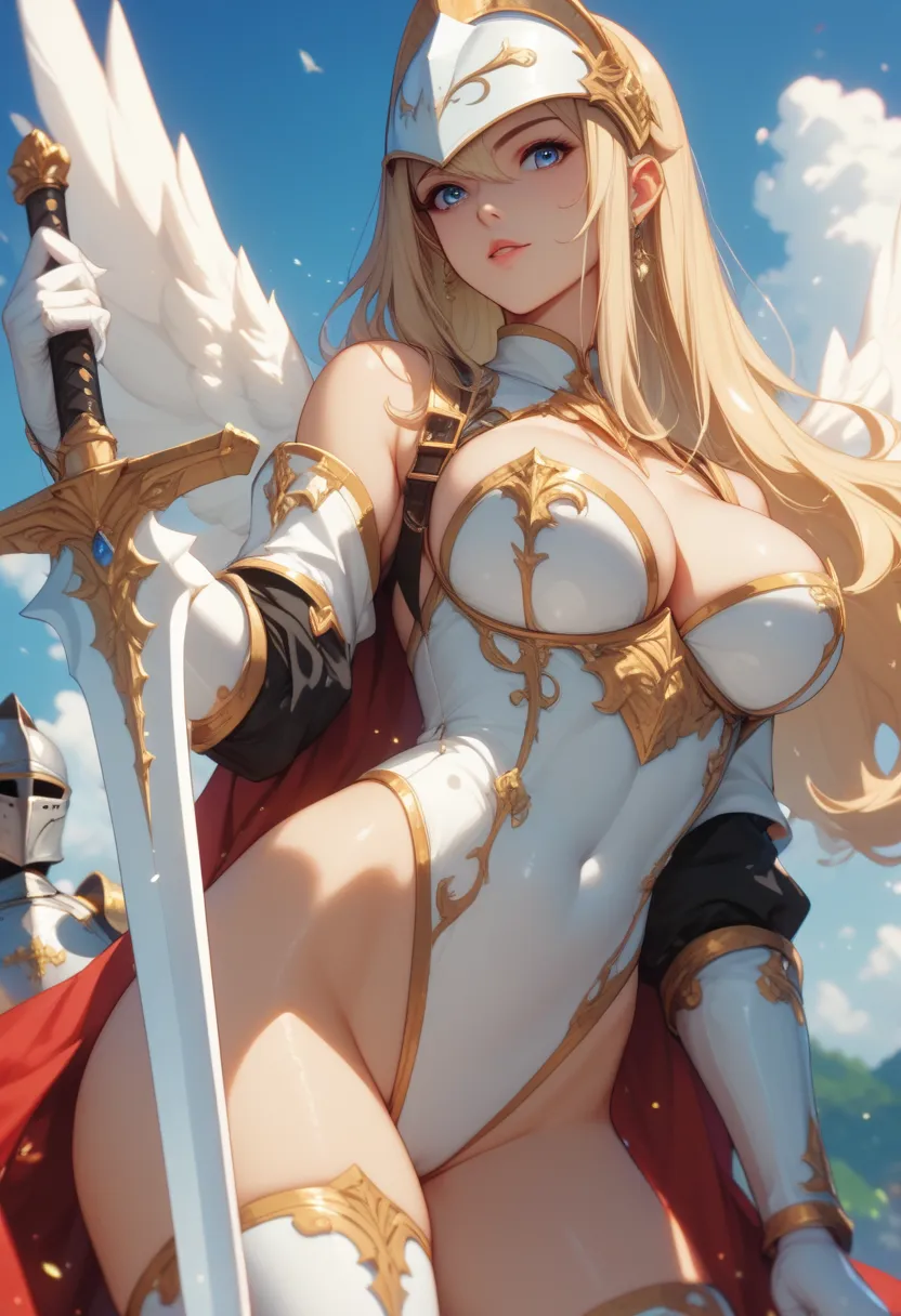 1 30-year-old woman、Blonde long hair、big breasts, Knight Commander、leotard、wearing a helmet、(Holding a sword),