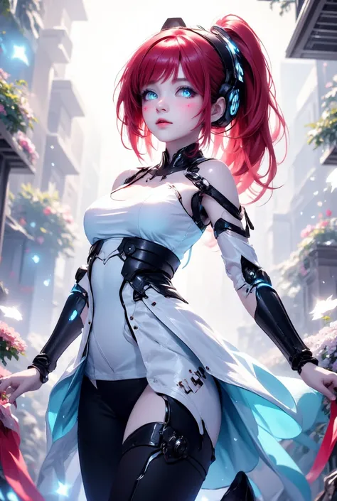 Robot anime girl with ((ivory robotic skin and pale white face)), long red hair with short side ponytail, (pink cheek dots1.4), big blue eyes, full blush, blue headphones, blue belt, white dress with light blue trim, (((white gear on light blue backround o...