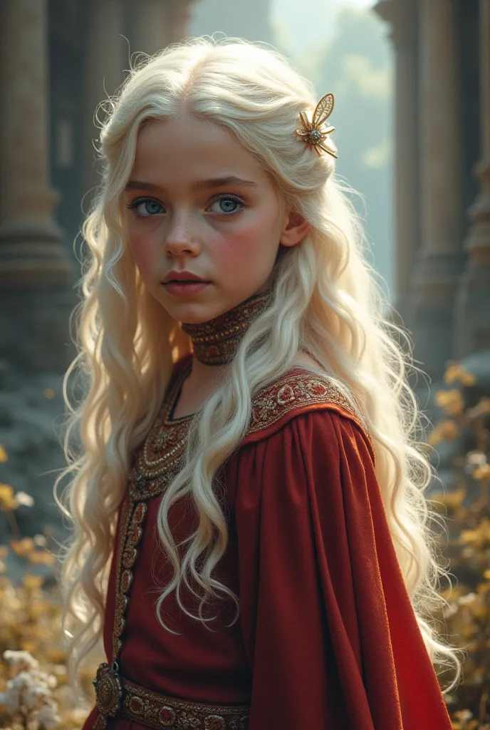 A Targaryen girl, when you are five years old, with Valyrian traits.  platinum hair with gold details.  Prominent nose and different colored eyes; A blue eye and a lilac.