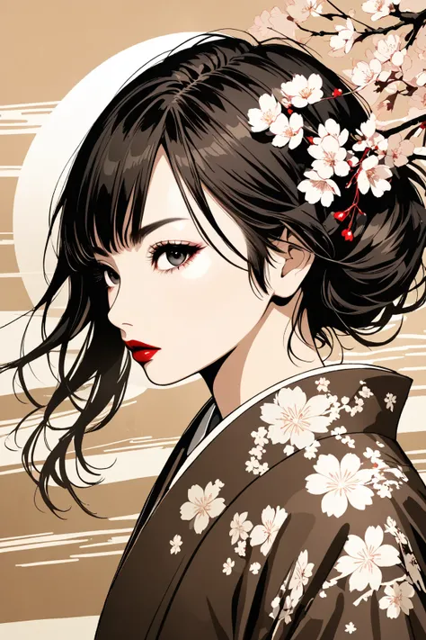    pop art、 digital artwork 、drawn with brown ink on white paper、 Japanese kimono、Strong, deep, and radiant black eyes、Coordinate your lips with red、with white and brown brush strokes 、melancholy expression、full body、Thin slant 、Extremely detailed and dyna...