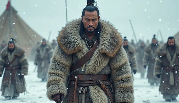 ancient mongols with narrow eyes and asian appearance protect their tent in the north. snow, blizzard, many people in the frame, a herd of reindeer in the background